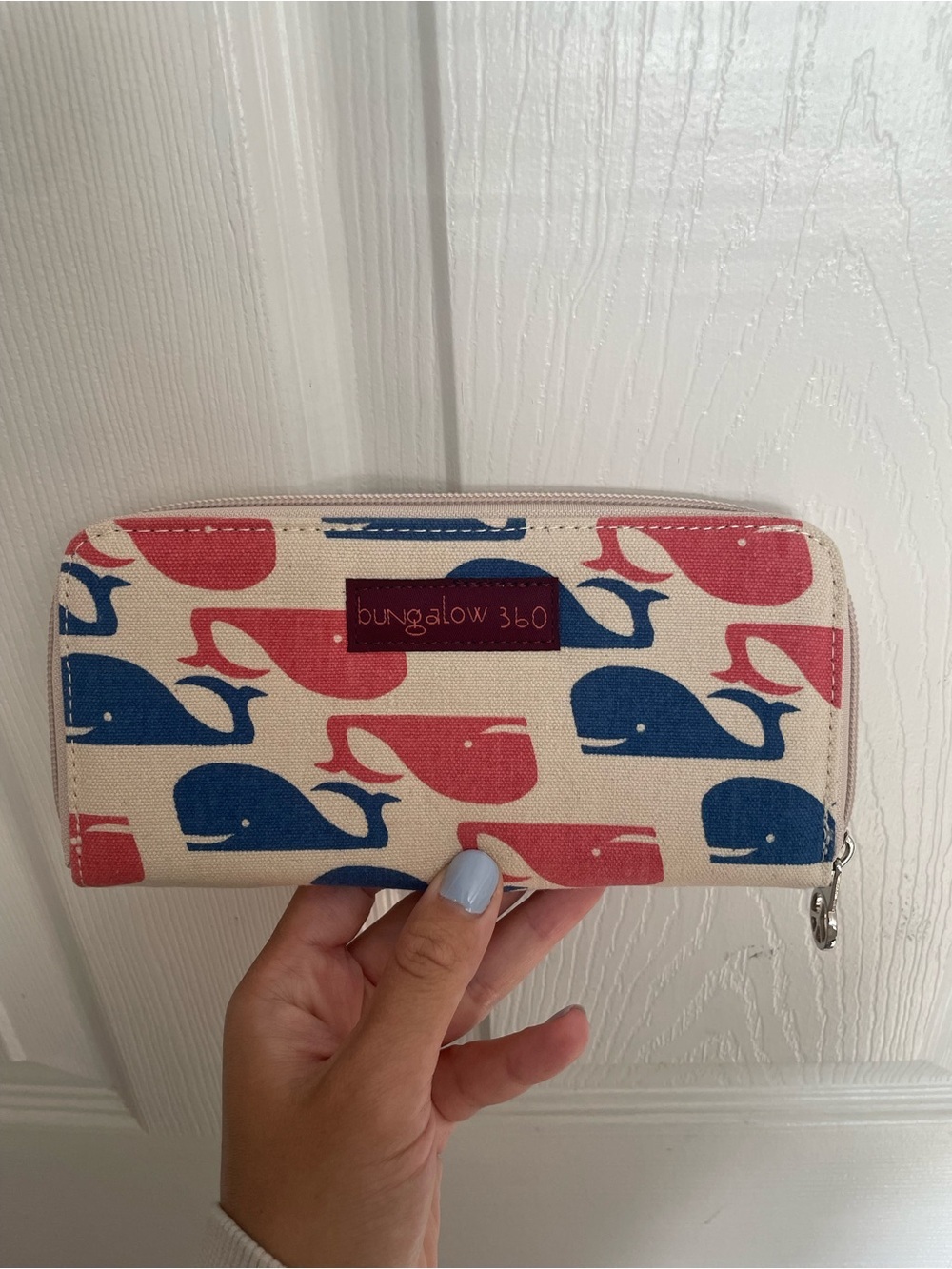 bungalow 360 Canvas Zip Wallet - Blue & Coral Whale Pattern 8x4 inches